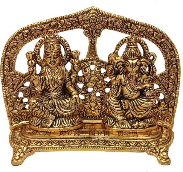 Prince Home Décor & Gifts White Metal Gold Plated Laxmi Ganesh Chocki God Idol Exclusive Gift For Diwali, Corporate Gift And Wedding Return Gifts Decorative Showpiece  -  13 cm