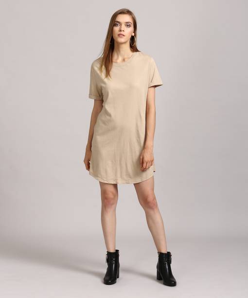 Women Shift Beige Above Knee/Mid Thigh Length Dress