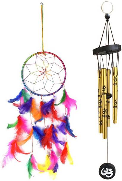 Ryme Combo Of Multi Color 6 Inches Dream Catcher And Feng Shui 5 Pipe Om Printed Golden Brass Windchime
