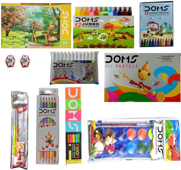 DOMS NEON RUBBER TIPPED PENCIL+NEON ERASER+DRAWING BOOK (PAINTING KIT)+12 SHADE WATER COLORCAKES+12 BICOLOUR PENCIL+12 OIL PASTELS+12 EXTRA LONG WAX CRAYONS+GLITTERS (6 SHADE)+PENCIL KIT+12 WATER COLOUR PENS