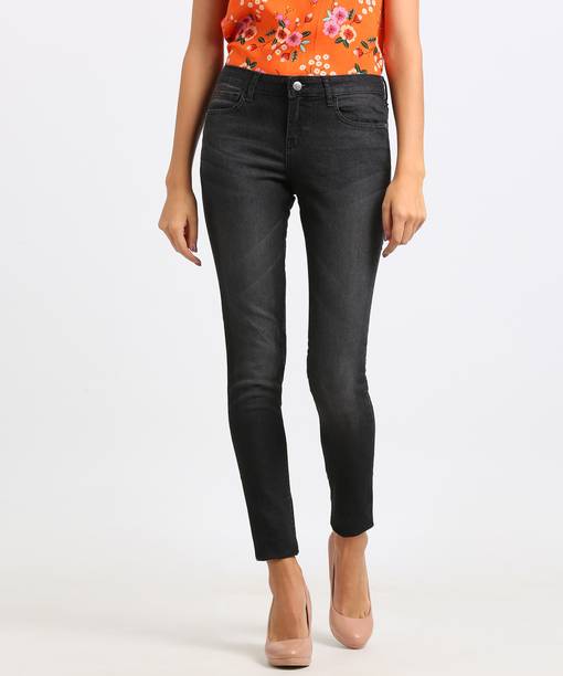 Women Skinny Mid Rise Black Jeans