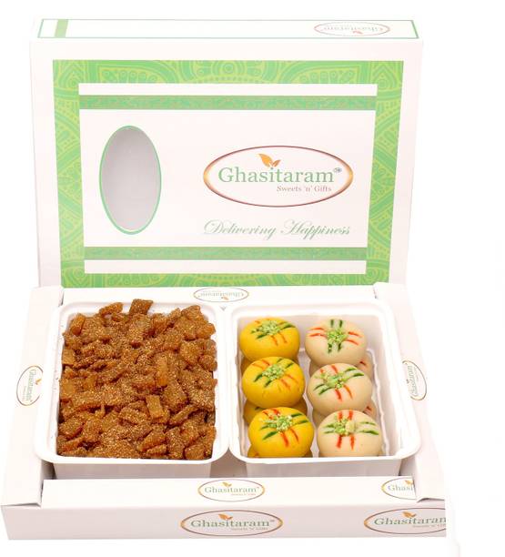 Ghasitaram Gifts Diwali Gifts - Hampers Mango Masala Namkeen with Sugarfree Mawa Peda Hamper Combo