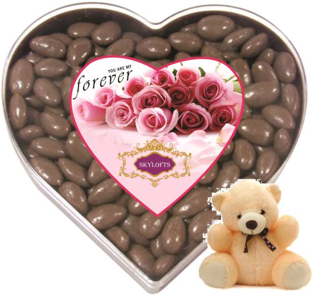 Skylofts Sweet Chocolate coated Butterscotch Nutties 400gms Heart Box with A cute teddy Combo