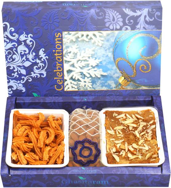 Ghasitaram Gifts Sweet Hampers-Mysore Pak,Soya Sticks and Almonds Pouch Hamper Combo