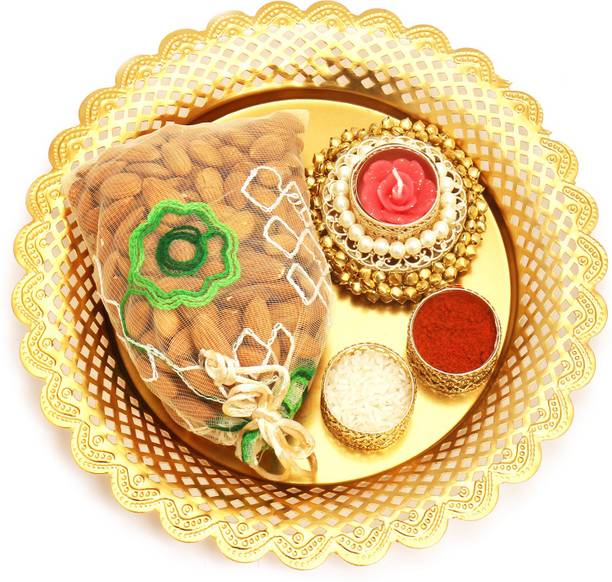 Ghasitaram Gifts Dryfruits hamper-Golden Pooja Thali with Almonds Pouch and Gungroo T-lite Combo