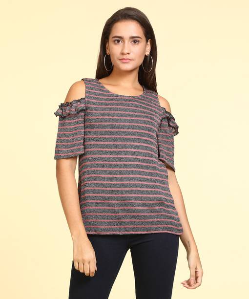Casual Cold Shoulder Sleeves Striped Women Grey Top
