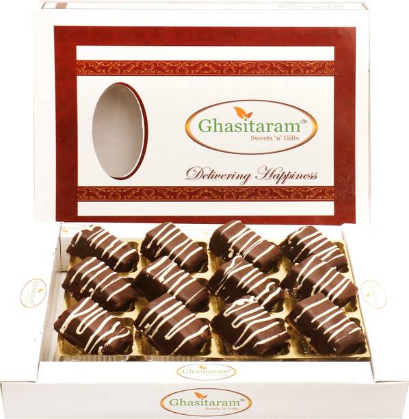 Ghasitaram Gifts Sweets-Chocolate Rectangle Cashew Bites in White Box Box