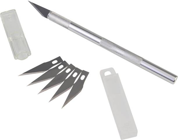 CHROME Detail Pen Knife with 5 Interchangeable Sharp Blades Metal Grip Hand-held Paper Cutter