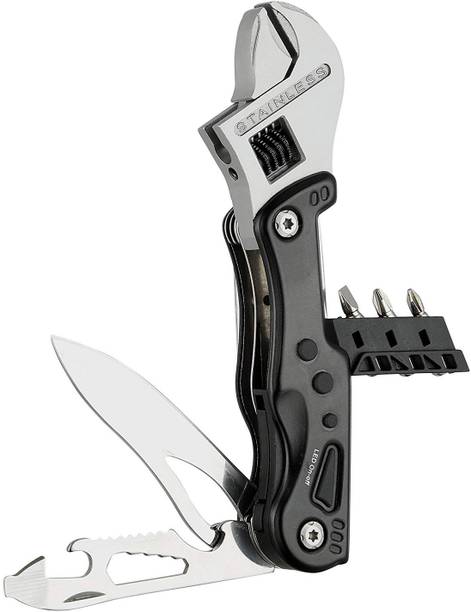 TUHI Multi 9-in-1 Adjustable Wrench Knife with 3 Changeable Screwdrivers, LED Torch, Bottle Openers and Nylon Belt Pouch 9 Multi-utility Knife