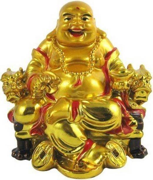Atharv Enterprises laughing buddha on chair with ingot and money coin Decorative Showpiece - 6 cm