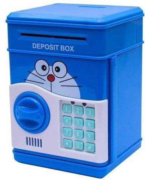FOUR FOURTY Number Bank Happy Storage- Auto Insert Bills-Notes, Piggy Bank, Cash Coin, Password ATM Money Box Children's Money Bank, Toy Banks, Automatic Bill and Coin Jar, Saving Pot with ultraviolet discern & password change function (Random Cartoon Designs- Minions, Hello Kitty & Panda etc.) (BLUE) Coin Bank