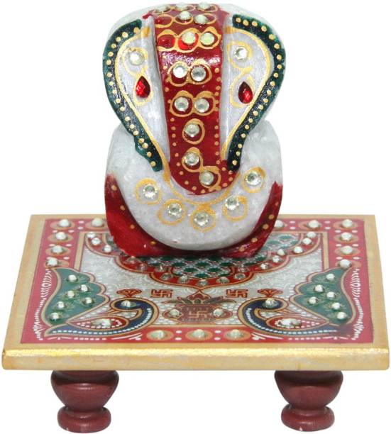 Ecommall White Marble Ganesh Ji With Marble Idol Choki Rat| size (2.5” Ganesh Ji &amp; 4” Chowki) | Home Decor | Marble Handicrafts | Handpainted | Makrana | Sangemarmar Marble | Traditional | Decorative | Gift item | Showpiece | Heritage | Royal | Wedding Return Gift | Deepawali Pooja Accessory | Pooja Accessory | Ganesh Marble Murti Decorative Showpiece  -  10 cm