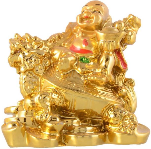 Dcreations Fengshui Golden Laughing Buddha(Small) Sitting On Dragon Decorative Showpiece  -  7.5 cm