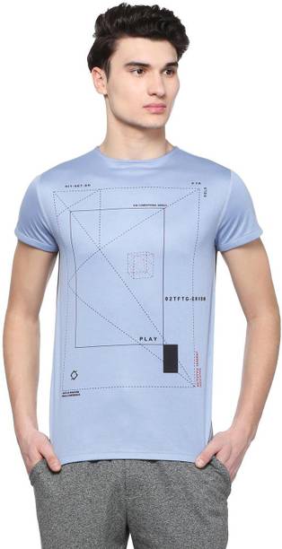 Peter England Blue Reversible T Shirt Men Geometric Print Round Neck Polycotton Blue T-Shirt