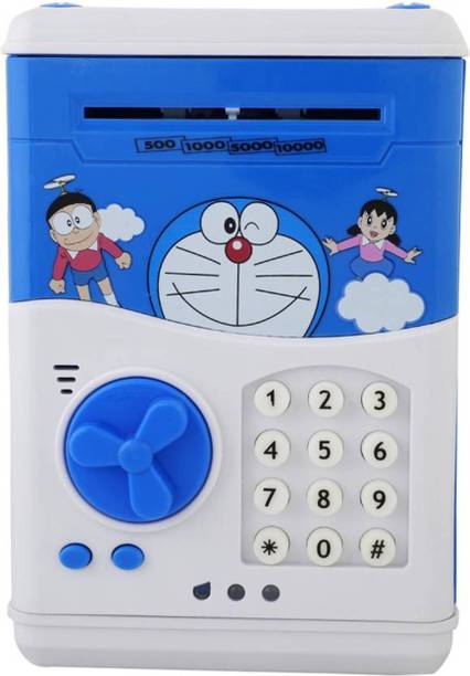 Vnex Battery Operated Mini ATM Safe Kids Piggy Saving ATM Bank with Electronic Lock Coin Bank Cash Deposit Cartoon Doremon for Kids Coin Bank