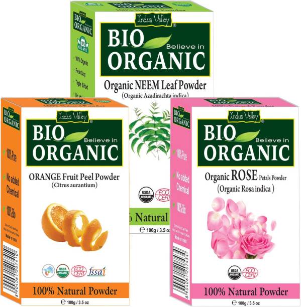 Indus Valley BIO Organic Rose Petals + Orange peel + Neem Natural Powder Triple Pack Kit (Set of 3)