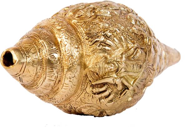ARIHANT CRAFT Ethnic Decor Conch with Goddess Durga Carving Sculpture Showpiece Hand Work – 11 cm (Brass, Gold) Decorative, Sacred, Blowing Shankh