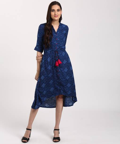 RANGRITI Women High Low Blue Knee Length Dress