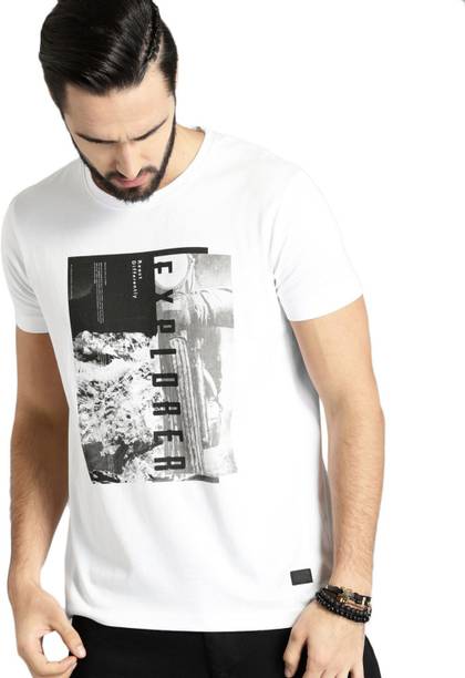 Roadster Men Printed, Graphic Print, Typography Round Neck Cotton