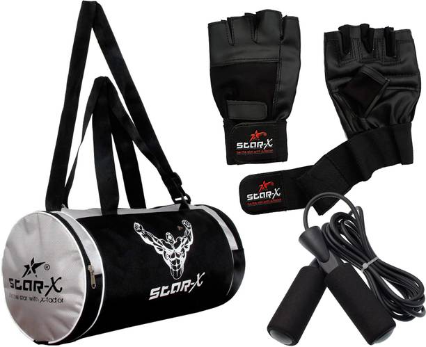 स्टार X Black Gym Bag, Gym Gloves, and Skipping Rope Combo Pack, Gym Bag Combo Kit Gym & Fitness Kit फिटनेस एक्सेसरी किट किट