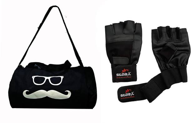 STARX Sports Black Leather Gym Gloves with Gym Bag Fitness Gym Combo. जिम & फिटनेस किट