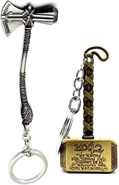 ShopTop Avengers Combo Thor Axe &amp; Thor Hammer Gold Metallic Keyring Key Chain