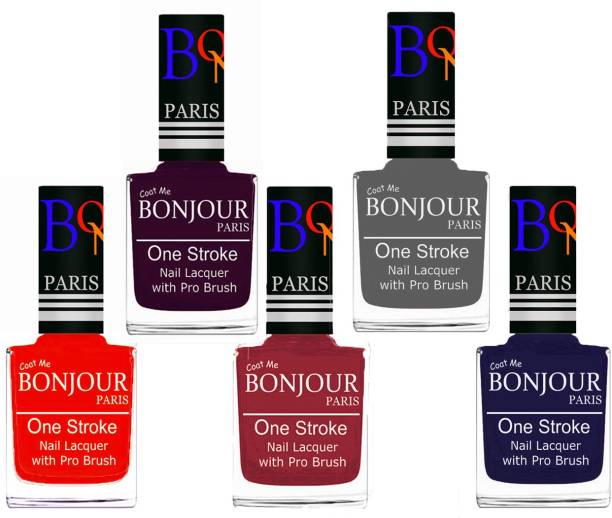 BONJOUR PARIS Stylish Nail Polish Set of 5 Pcs 01-02-03-22-29 Orange,Plum,Maroon,Grey,Blue