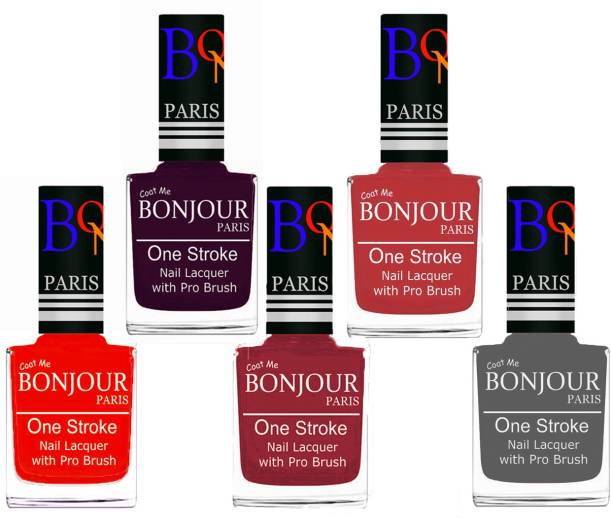 BONJOUR PARIS Stylish Nail Polish Set of 5 Pcs 01-02-03-12-22 Orange,Plum,Maroon,Red,Grey