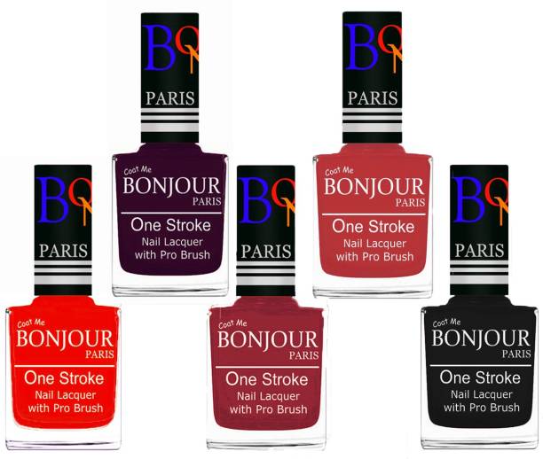 BONJOUR PARIS Stylish Nail Polish Set of 5 Pcs 01-02-03-12-18 Orange,Plum,Maroon,Red,Black