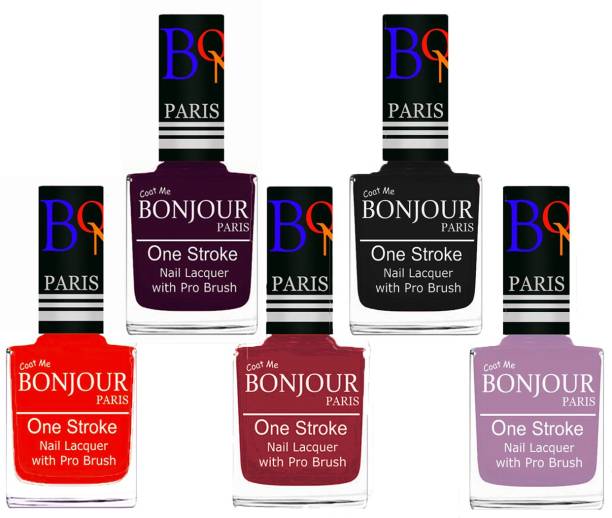BONJOUR PARIS Stylish Nail Polish Set of 5 Pcs 01-02-03-18-28 Orange,Plum,Maroon,Black,Light Purple