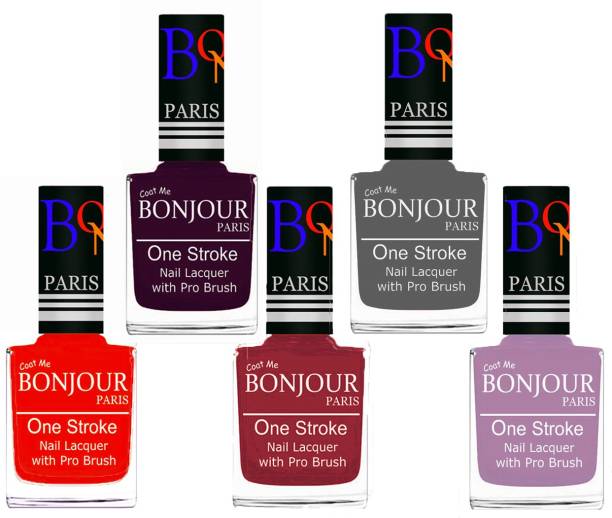 BONJOUR PARIS Stylish Nail Polish Set of 5 Pcs 01-02-03-22-28 Orange,Plum,Maroon,Grey,Light Purple