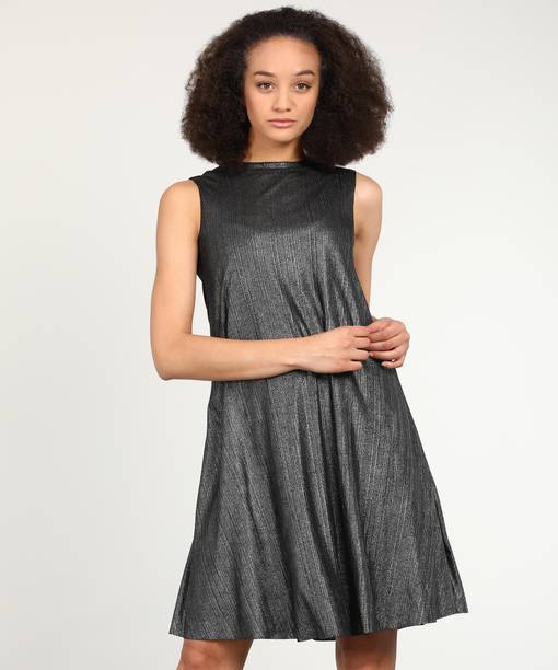 Women Fit and Flare Silver Above Knee/Mid Thigh Length Dress