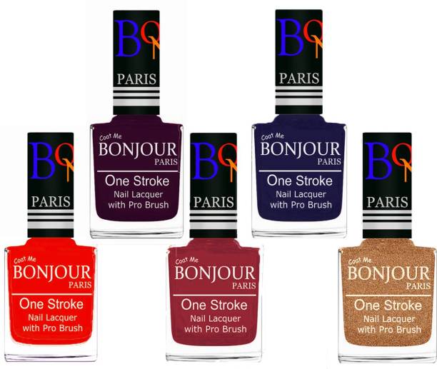 BONJOUR PARIS Stylish Nail Polish Set of 5 Pcs 01-02-03-29-39 Orange-Plum-Maroon-Blue-Coper