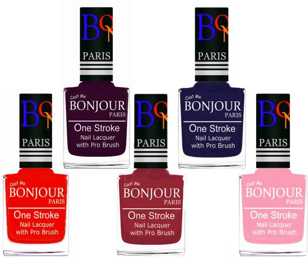 BONJOUR PARIS Stylish Nail Polish Set of 5 Pcs 01-02-03-29-30 Orange-Plum-Maroon-Blue-Baby Pink