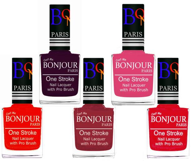 BONJOUR PARIS Stylish Nail Polish Set of 5 Pcs 01-02-03-10-45 Orange,Plum,Maroon,Peach,Royal Pink