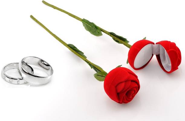 SILVERISH Valentine Day Gift Couple Ring With Beautiful Red Rose Box Alloy Cubic Zirconia Platinum Plated Ring Set