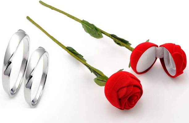 SILVERISH Valentine Day Gift Couple Ring With Beautiful Red Rose Box Alloy Cubic Zirconia Platinum Plated Ring Set