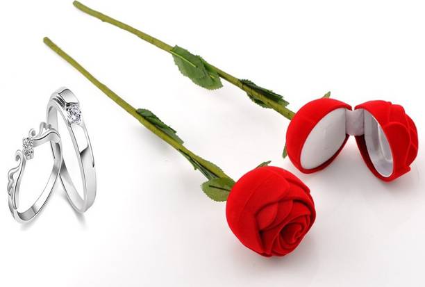 SILVERISH Valentine Day Gift Couple Ring With Beautiful Red Rose Box Alloy Cubic Zirconia Platinum Plated Ring Set