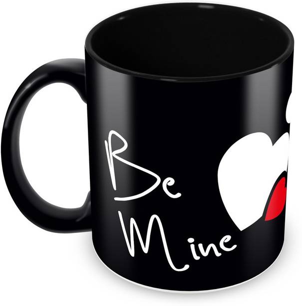 Tuelip Full Black "Be Mine" Printed Cup For Valentines Day Gift For Your Love One, Tea And Coffee 350 Ml Ceramic Cup सिरेमिक मग