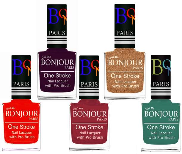 BONJOUR PARIS Stylish Nail Polish Set of 5 Pcs 01-02-03-39-42 Orange-Plum-Maroon-Coper-Sky Blue
