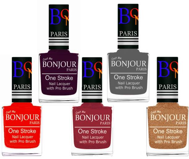 BONJOUR PARIS Stylish Nail Polish Set of 5 Pcs 01-02-03-22-39 Orange-Plum-Maroon-Grey-Coper