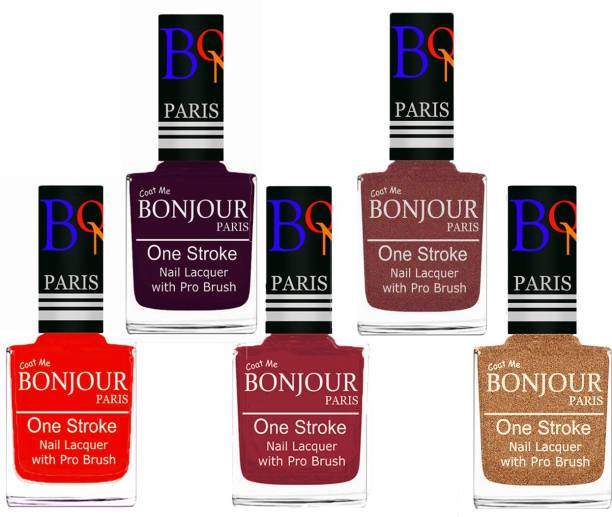 BONJOUR PARIS Stylish Nail Polish Set of 5 Pcs 01-02-03-37-39 Orange-Plum-Maroon-Pink Coper-Coper
