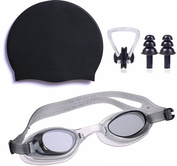 THE MORNING PLAY â¢ HIGH Quality Goggles Silicone Cap 1 Nose Clip + 2 Ear Plugs BLACK Swimming Kit