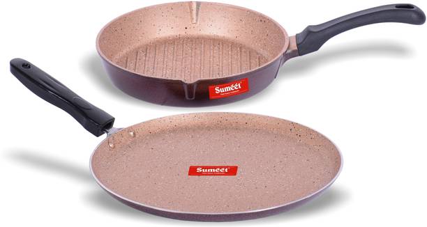 Sumeet Nonstick Granite Finish 2pc Kitchen Set “Favorite” (Dosa Tawa - 26.5cm Dia + Round Grill Pan 25.5cm Dia ) Non-Stick Coated Cookware Set