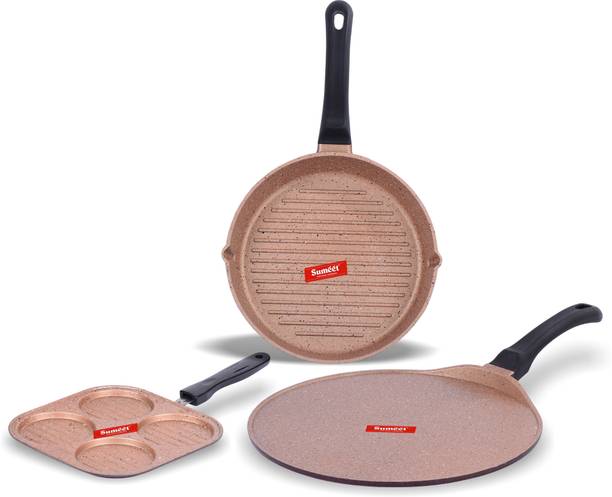Sumeet Nonstick Granite Finish ENCLAVE cookware set ( Round Grill Pan 25.5cm Dia + Mini Multi Snack Maker - 4 Cavity - 19.5cm Dia + Tawa 30.5cm Dia ) Non-Stick Coated Cookware Set