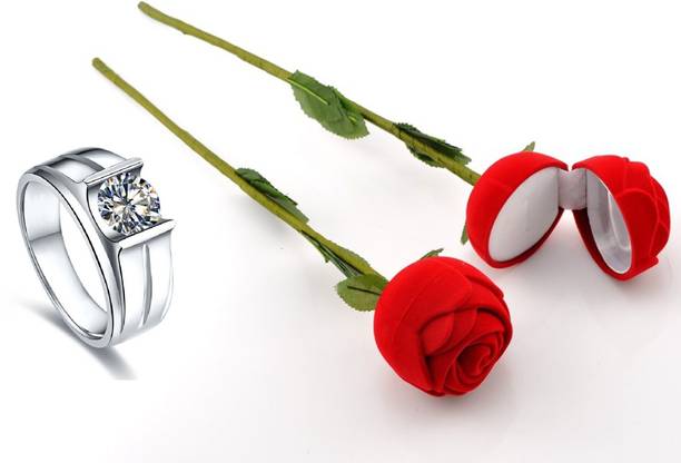 SILVERISH Valentine Day Ring With Beautiful Red Rose Box Gift for Girlfriend Alloy Cubic Zirconia Platinum Plated Ring