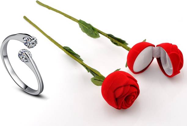 SILVERISH Valentine Day Ring With Beautiful Red Rose Box Gift for Girlfriend Alloy Cubic Zirconia Platinum Plated Ring