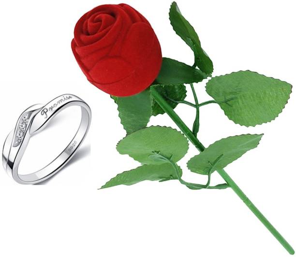 SILVERISH Valentine Gift Platinum Plated Ring for Girl and Women with Red Rose Box Alloy Cubic Zirconia Platinum Plated Ring