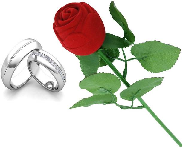 SILVERISH Valentine Gift Couple Ring Set with Red Rose Box and Platinum Plating Alloy Cubic Zirconia Platinum Plated Ring Set