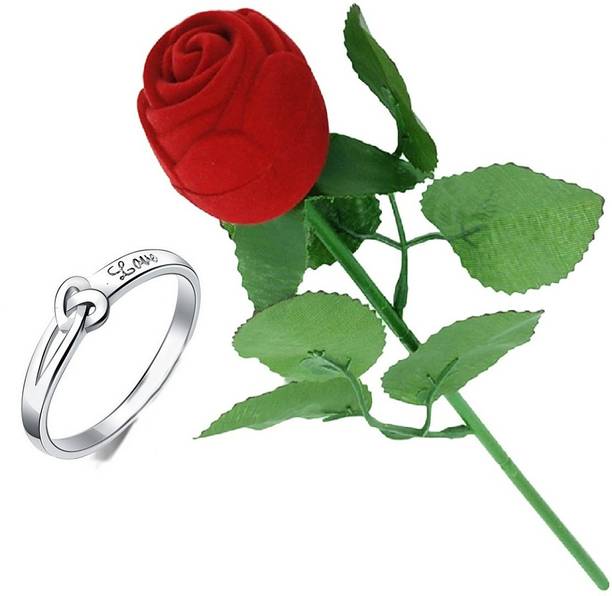 SILVERISH Valentine Gift Platinum Plated Ring for Girl and Women with Red Rose Box Alloy Cubic Zirconia Platinum Plated Ring